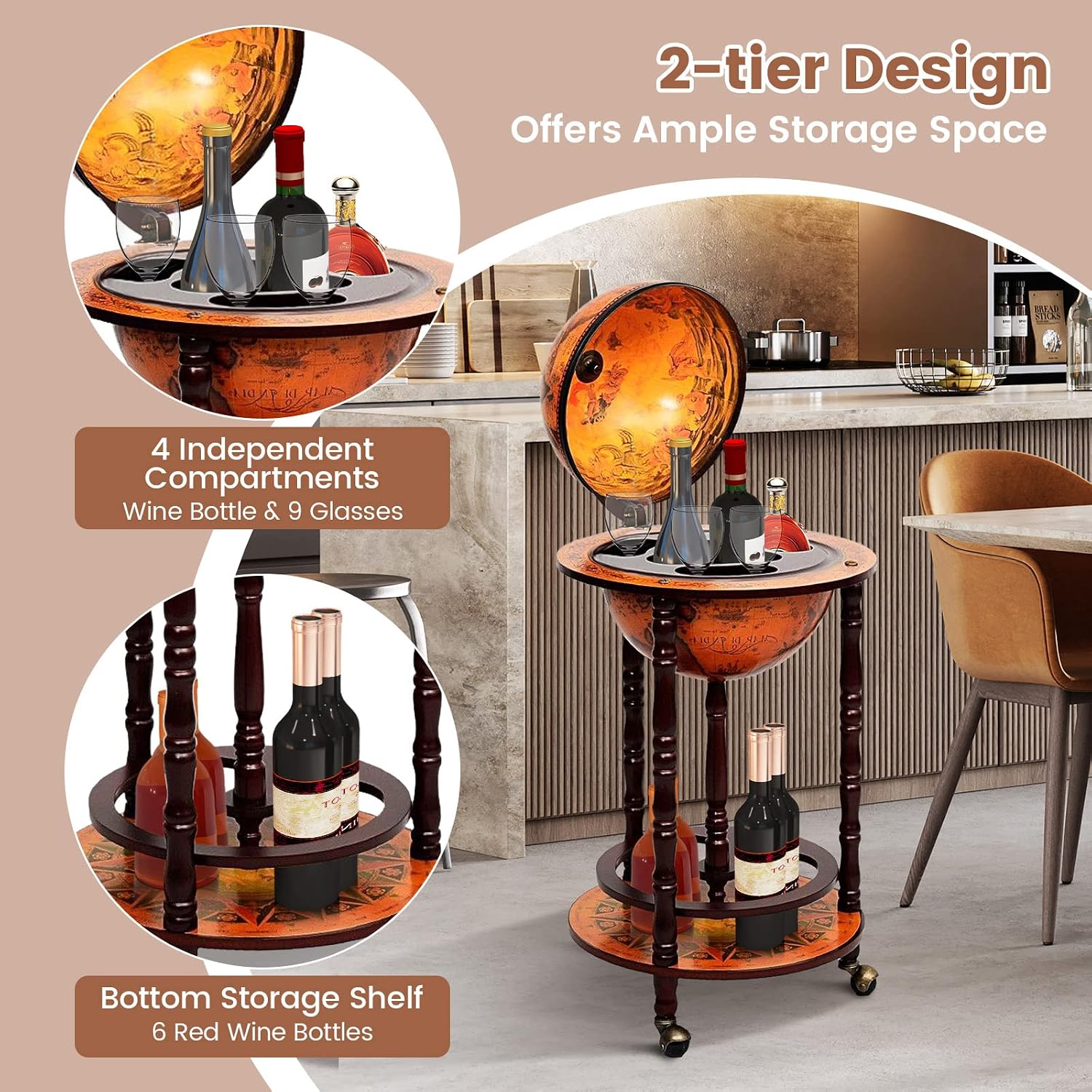 글로브 바 카트 주류 바 캐비닛, 이동식 바퀴, 하단  - Home Bar And Cabinet 리뷰 및 가격